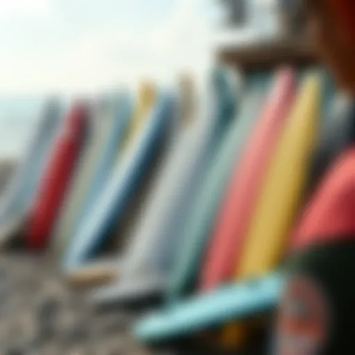 Vibrant collection of bodyboards displayed on a beach