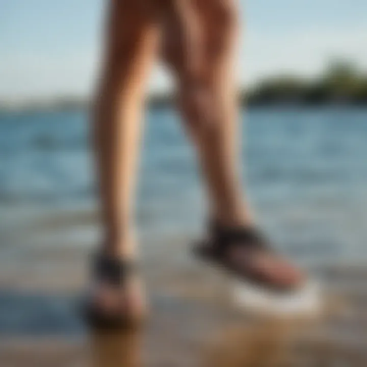 Sanuk Yoga Salty Sandals displayed against a backdrop of water activities