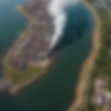 Aerial view of industrial waste dumping into a lake