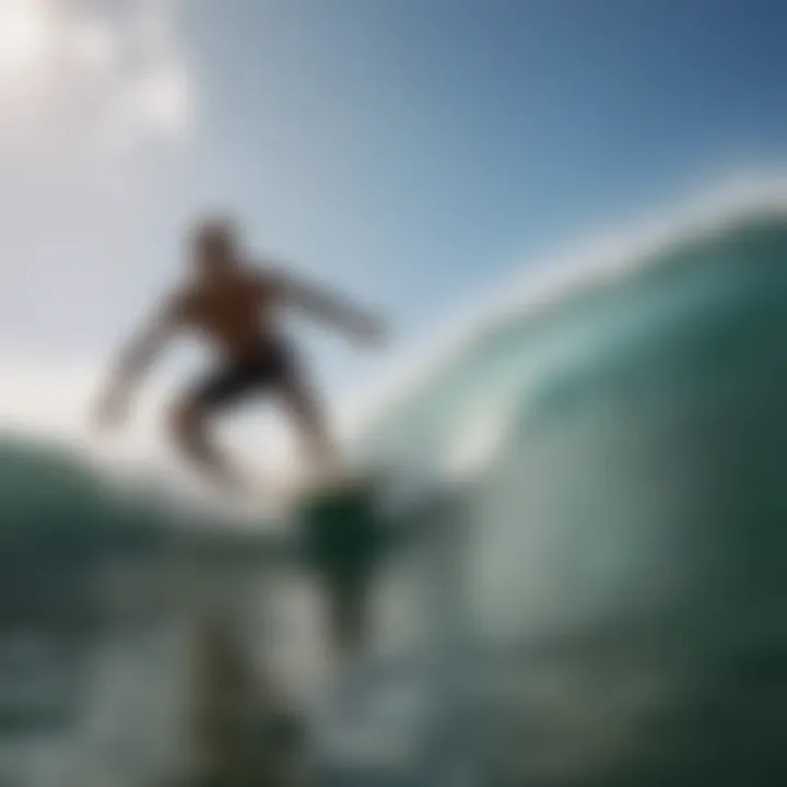 Action shot of a surfer with a camera in the water