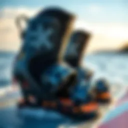 A close-up view of high-performance wakeboard bindings showcasing advanced materials