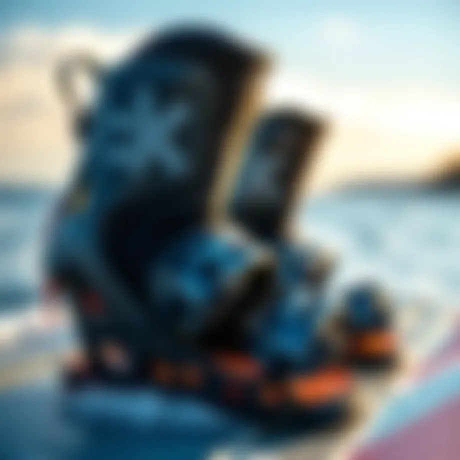A close-up view of high-performance wakeboard bindings showcasing advanced materials