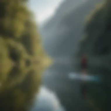 A serene lake scene with a self propelled paddle boarder enjoying the environment