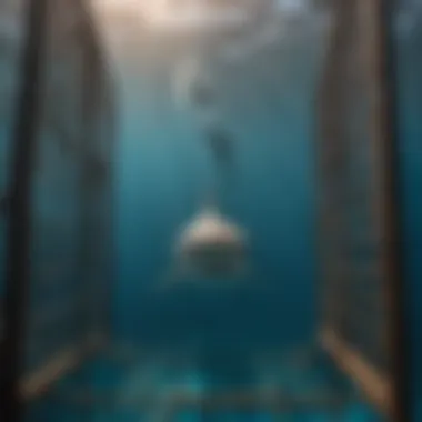 A stunning view of a shark approaching the cage