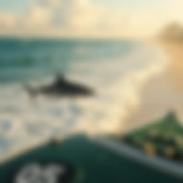 Miami's Stunning Coastline with Shark Sightings A stunning view of Miami's coastline, with sharks visible in the surf