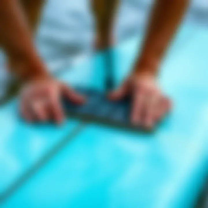 Illustration of the installation process of a stomp pad on a surfboard