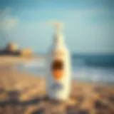 Sun Bum Lotion by the Shore Detail of Sun Bum lotion bottle against a beach backdrop