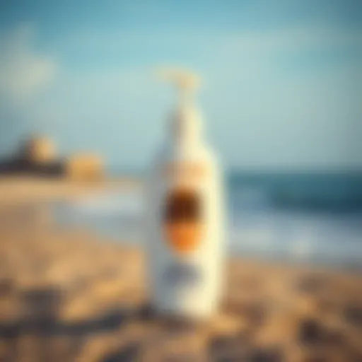 Sun Bum Lotion by the Shore Detail of Sun Bum lotion bottle against a beach backdrop