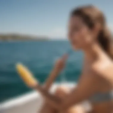 Application of sunscreen stick on skin while on a boat