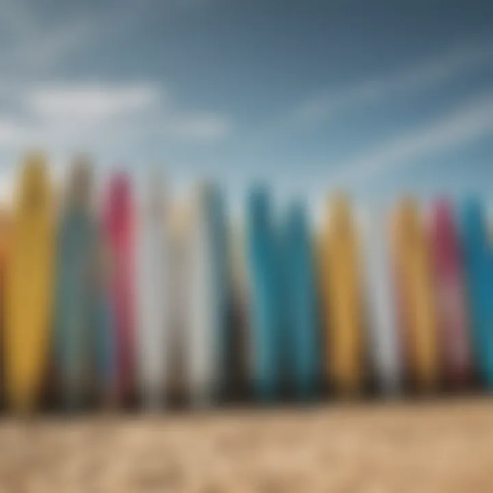 Surfboards lined up on the sandy beach