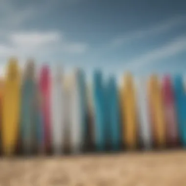 A Vibrant Array of Surfboards on the Beach Surfboards lined up on the sandy beach