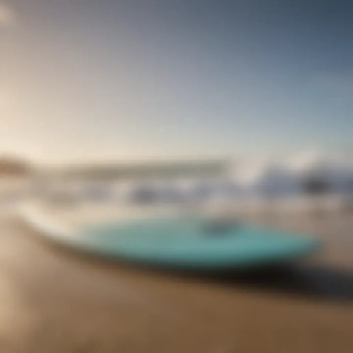 Close-up of a surfboard on the beach with waves in the background