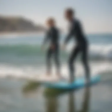 Instructor guiding a student on the surfboard