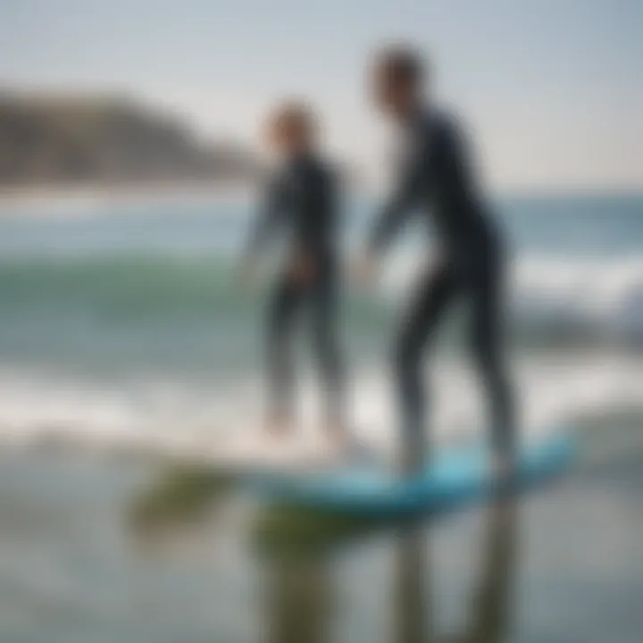 Instructor guiding a student on the surfboard