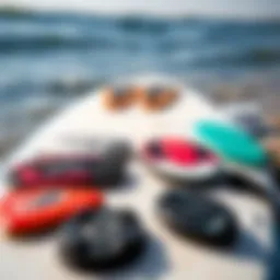 Various types of surf stomp pads displayed on a surfboard