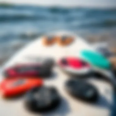 Various types of surf stomp pads displayed on a surfboard