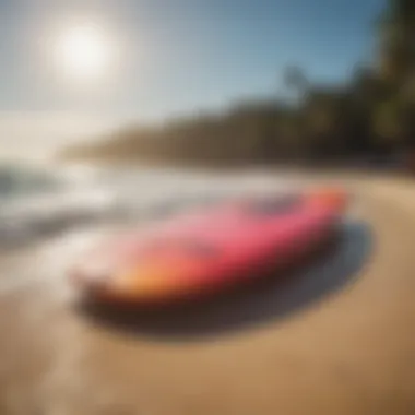 A vibrant soft top surfboard on a sunny beach