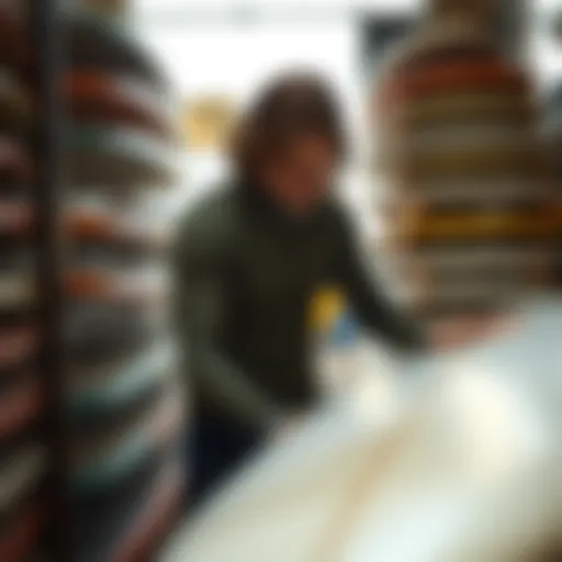 Inspecting Surfboards for Shipping A surfer inspecting a surfboard before shipping