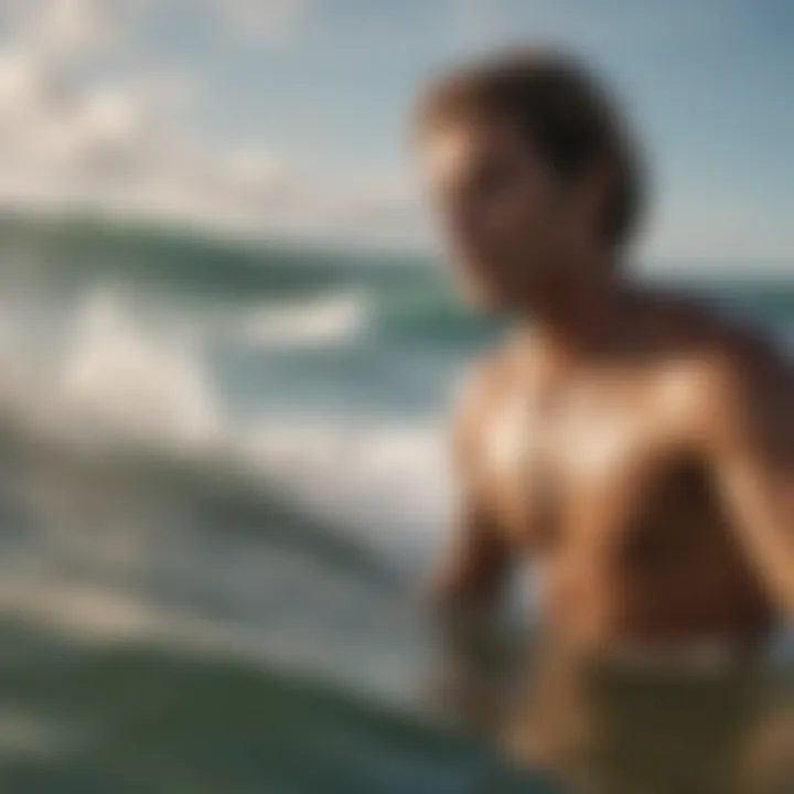 A surfer wearing a necklace while catching a wave