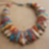 A close-up of a colorful surfer style necklace made of shells and beads