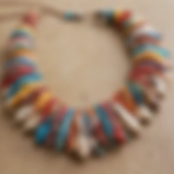 A close-up of a colorful surfer style necklace made of shells and beads