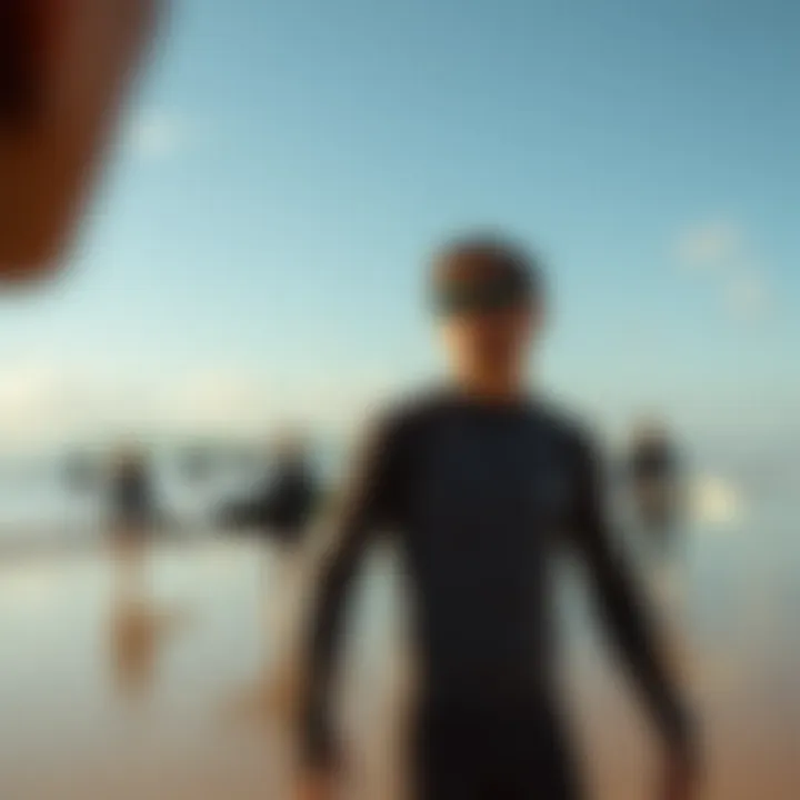 Safety and Tracking with Rip Curl GPS A serene beach scene with surfers utilizing the Rip Curl GPS for safety and tracking