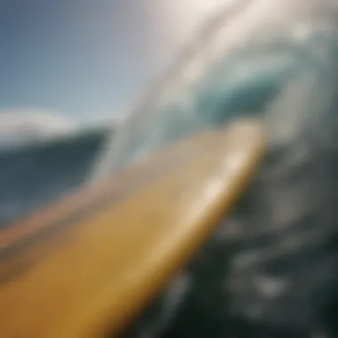 A close-up of surfboard detailing and ocean spray