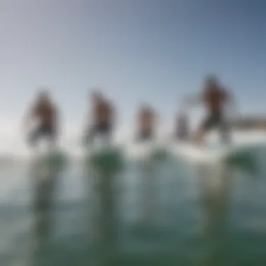 A group of surfers practicing balance on their boards