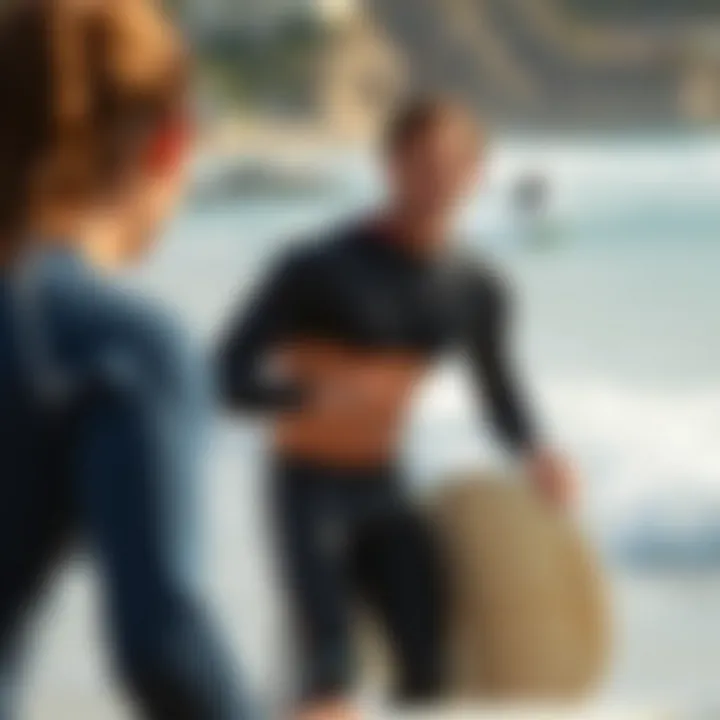 Surfing instructor giving a lesson on the beach