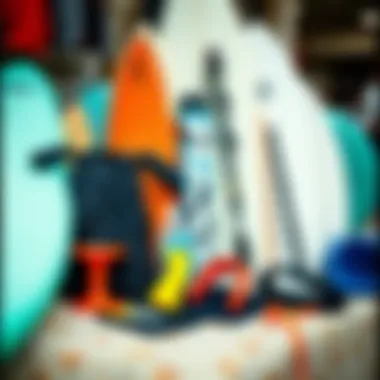 A collection of surfing gear and equipment