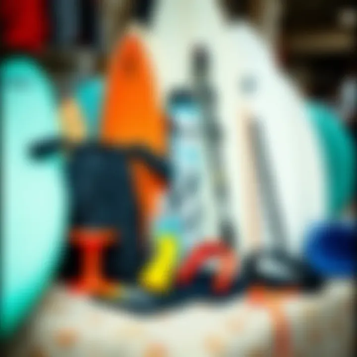 A collection of surfing gear and equipment
