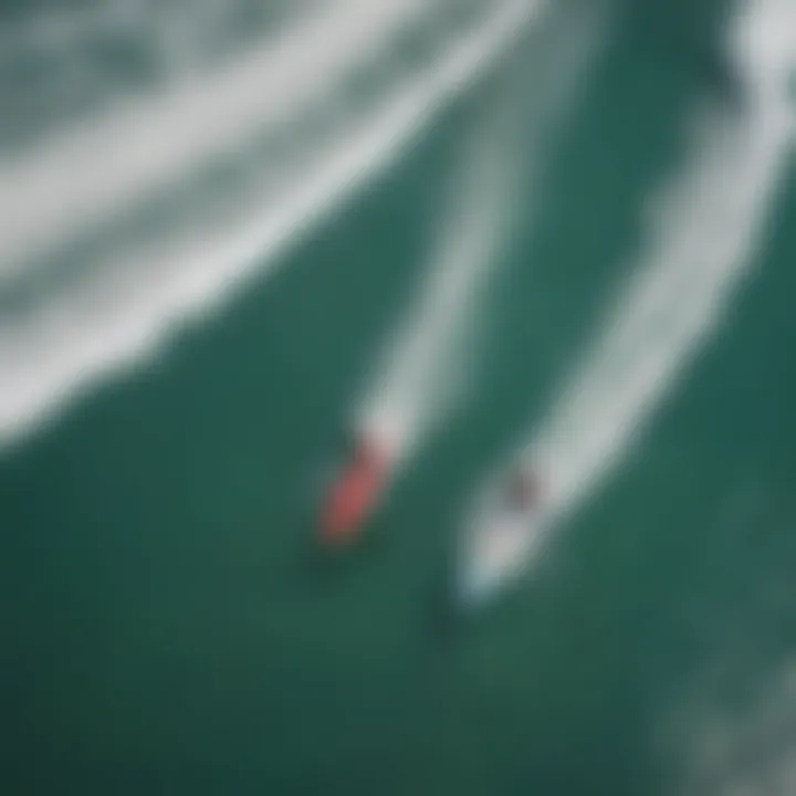 Aerial view of surfers riding the waves in vibrant San Juan waters