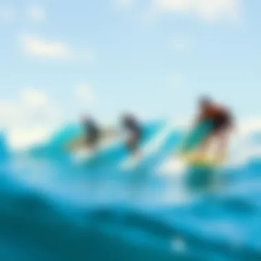 Surfers Embracing the Thrill of the Waves A group of surfers riding the waves together