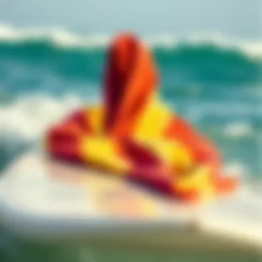 Vibrant towelling robe draped on a surfboard