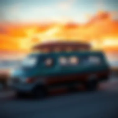 Sunset Over a Customized Surfing Van A beautifully customized surfing van parked by the beach at sunset