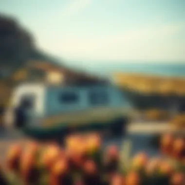 Sustainable Surfing Van with Solar Panels A sustainable surfing van with solar panels parked in a scenic coastal location