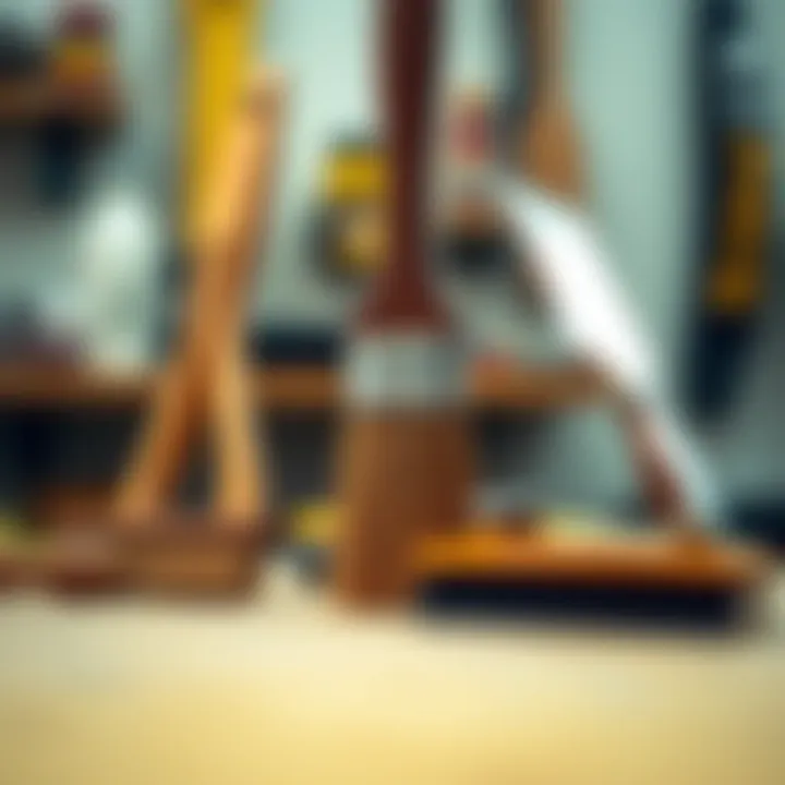 Tools used in surfboard glassing including brushes and squeegees