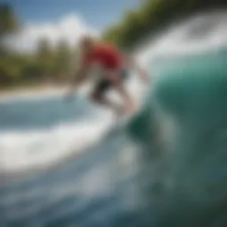 A surfer riding a wave at the iconic Rincon beach, showcasing the thrilling experience of surfing in Puerto Rico.