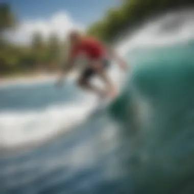 A surfer riding a wave at the iconic Rincon beach, showcasing the thrilling experience of surfing in Puerto Rico.