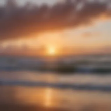 A breathtaking sunset over the ocean, with silhouettes of surfers in the distance, capturing the beauty of Puerto Rico's coastline.