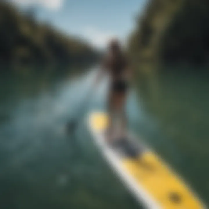 A high-performance paddle board gliding smoothly on calm water