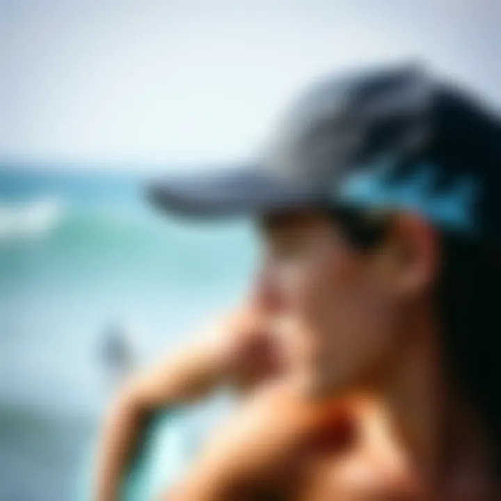 A surfer wearing a Billabong cap during a competitive event, highlighting its functional benefits.