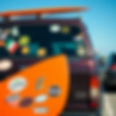 Surfing Community with Bumper Stickers on Vehicles Surfing community showcasing bumper stickers on vehicles