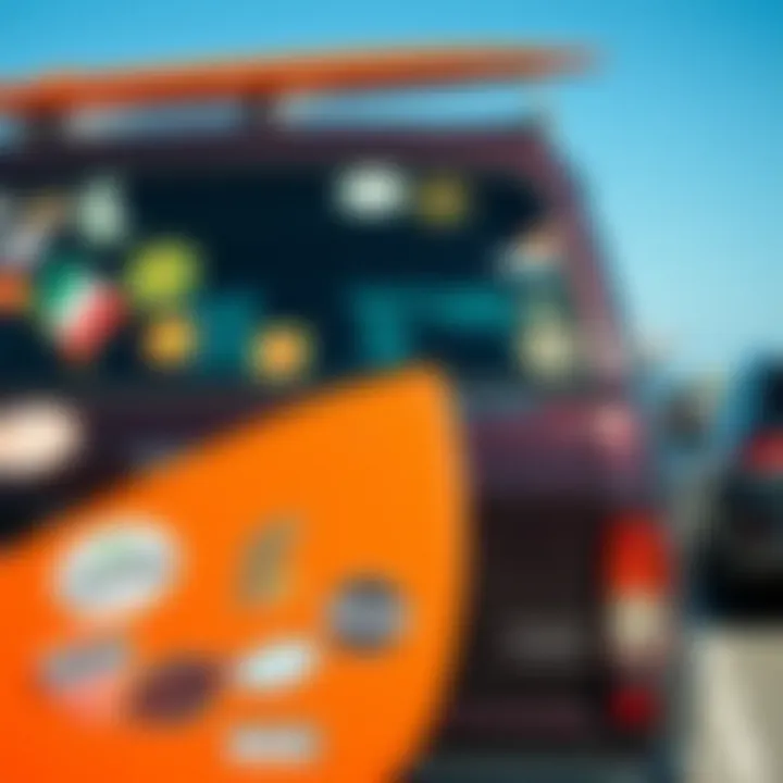 Surfing Community with Bumper Stickers on Vehicles Surfing community showcasing bumper stickers on vehicles