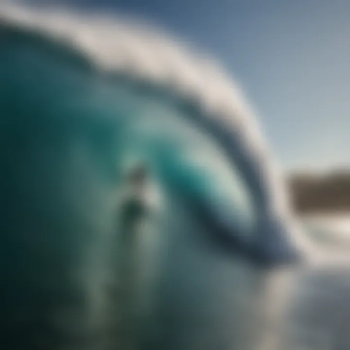 Surfer expertly navigating a towering wave