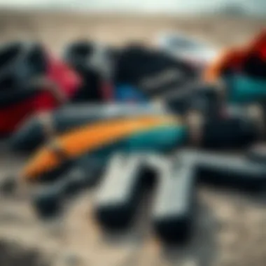 Kitesurfing Gear Essentials Close-up of essential kitesurfing gear laid out on the beach