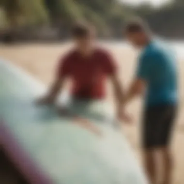 A close-up of a surfboard being inspected by a customer online