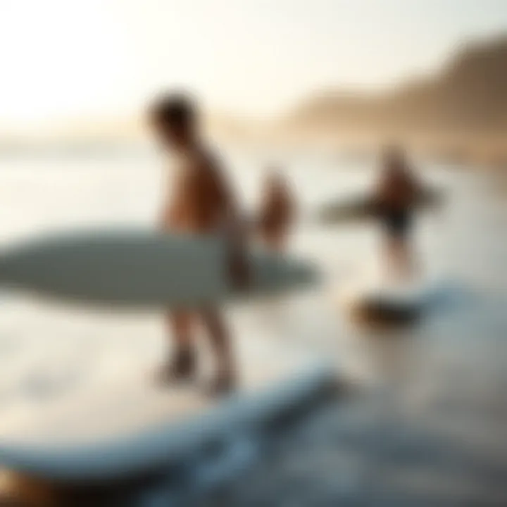 Surfers Embracing the Future of Watersports A tranquil beach scene with surfers enjoying automatic surfboards