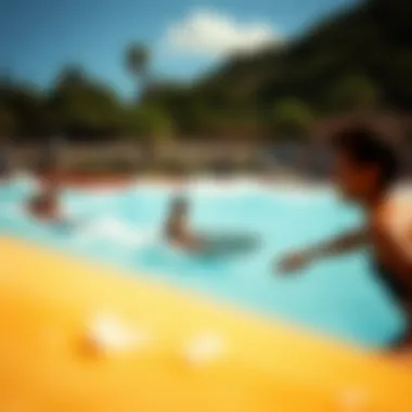 Surfers Thriving in a Wave Pool Environment A vibrant scene showcasing surfers enjoying a wave pool experience