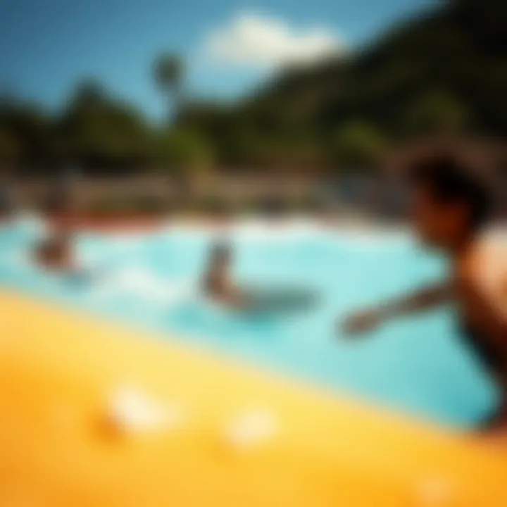 Surfers Thriving in a Wave Pool Environment A vibrant scene showcasing surfers enjoying a wave pool experience